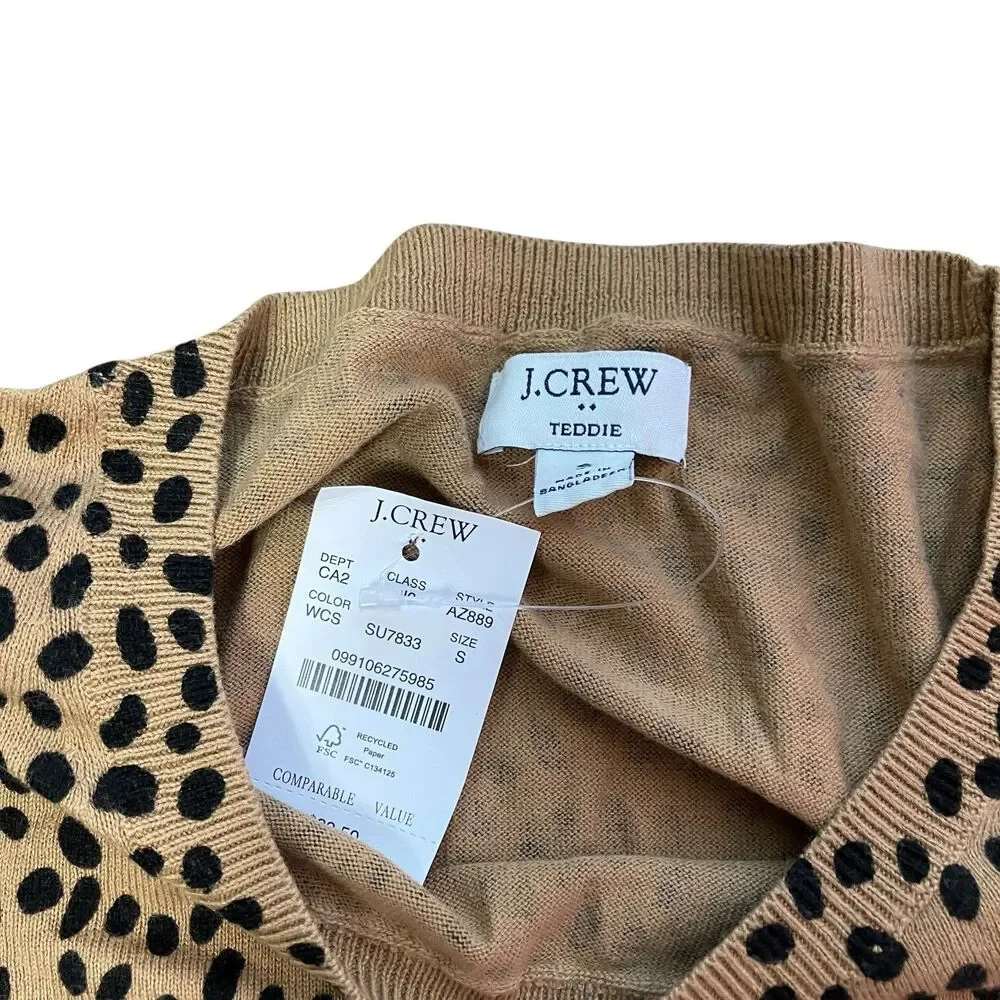 J Crew Tan Cheetah Print‎ Teddie Knit Pullover Animal Timeless Sweater Womens S